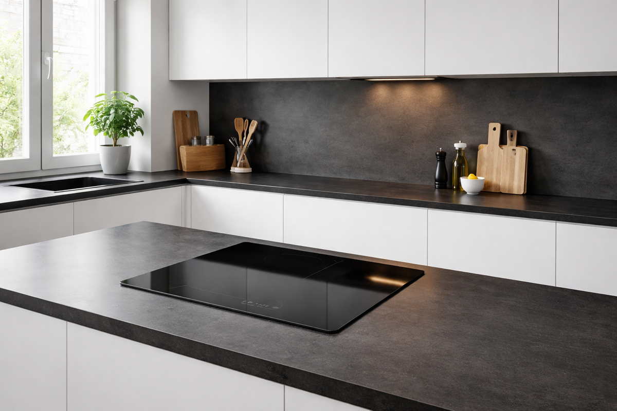 чёрно белая кухня белые фасады чёрная столешница