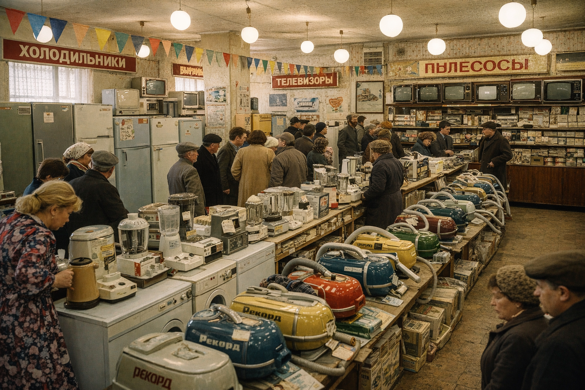 по мнению ии - так выглядели магазины в 80-х годах с бытовой техникой в СССР