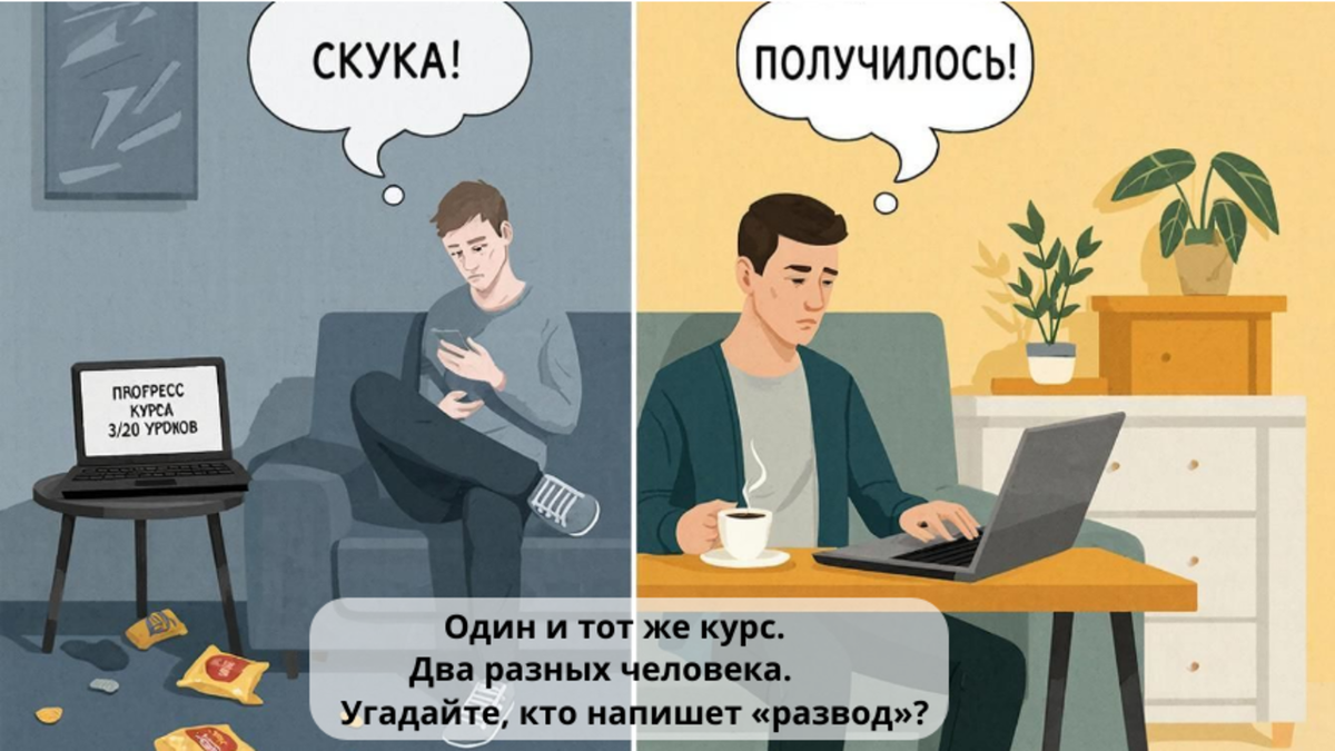Один купил курс — и заработал. Другой купил тот же курс — и написал «развод». Разница не в курсе. Разница в том, что происходит после покупки. Разбираемся, почему одни получают результат, а другие только разочарование 👇