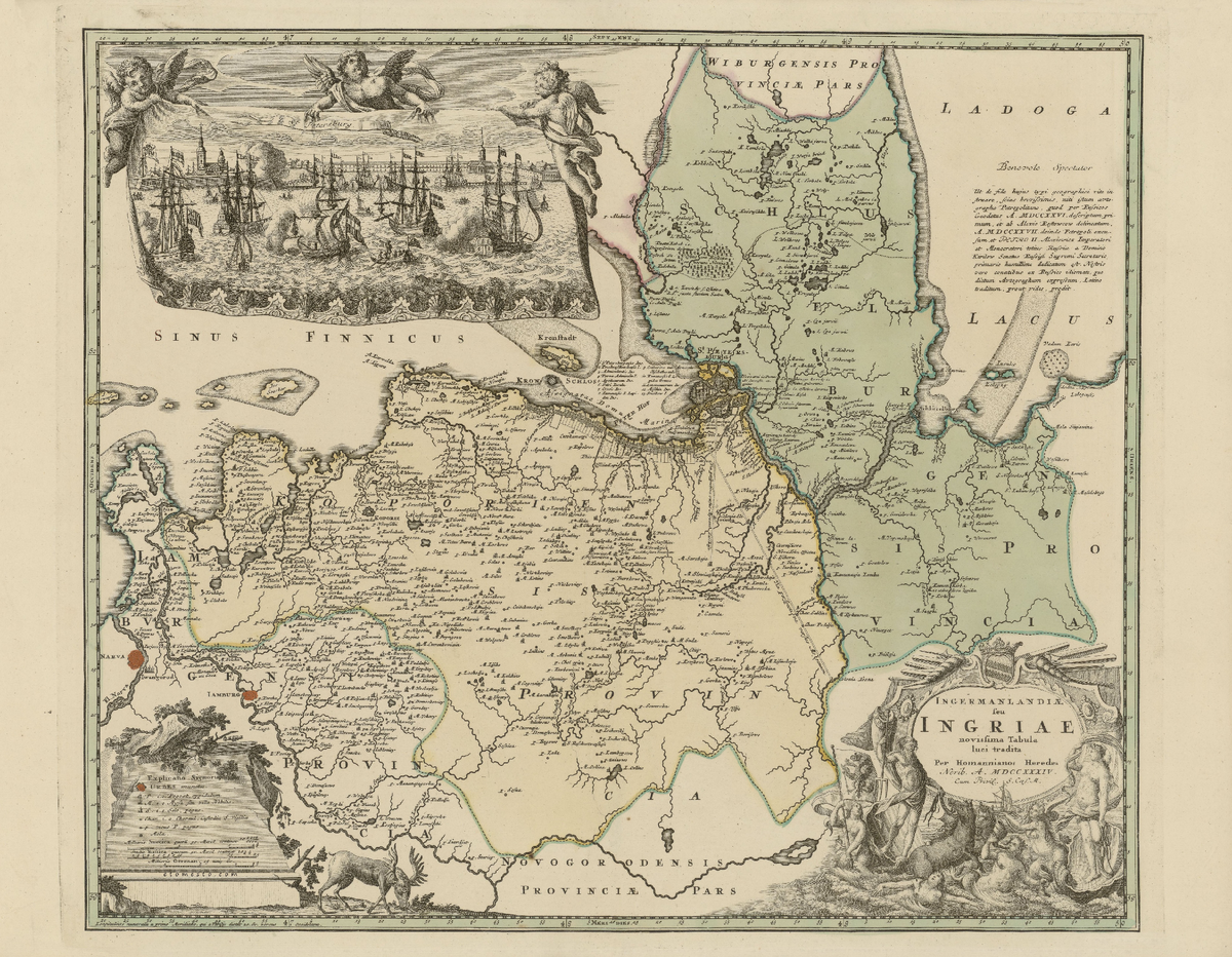 "Географическая карта Ингерманландии" Гравюра А. Ростовцева (1727)