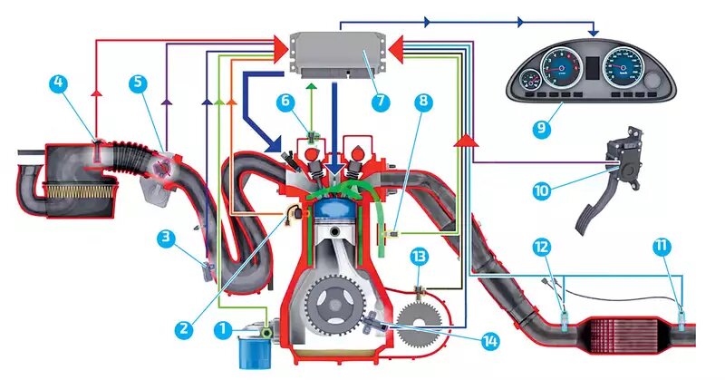 Основные компоненты системы управления двигателем: 1 – датчик давления масла; 2 – датчик детонации; 3 – датчик абсолютного давления и температуры воздуха; 4 – датчик массового расхода воздуха; 5 – датчик положения дроссельной заслонки; 6 – датчик положения распредвала; 7 – электронный блок управления; 8 – датчик температуры охлаждающей жидкости; 9 – комбинация приборов; 10 – электронная педаль газа; 11 – диагностический датчик кислорода; 12 – управляющий датчик кислорода; 13 – датчик скорости; 14 – датчик положения коленчатого вала.📷
