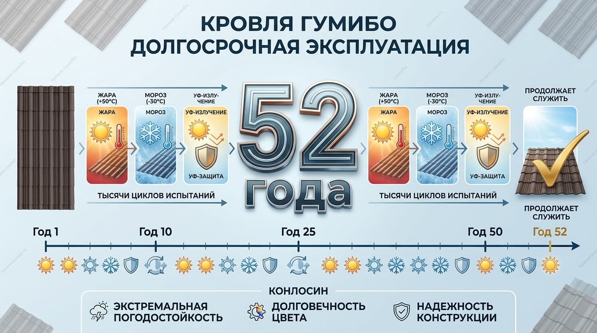 Инфографика проведение испытаний тихой резиновой кровли гумибо. 