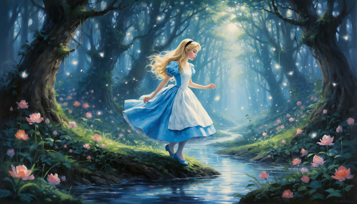Алиса перед ручьем стоит в нерешительности... Изображение от ИИ Шедеврум