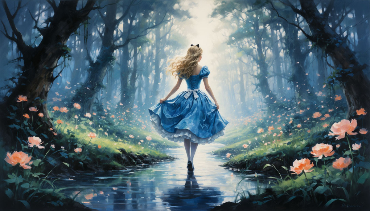 Алиса идёт по воде ручья... Изображение от ИИ Шедеврум