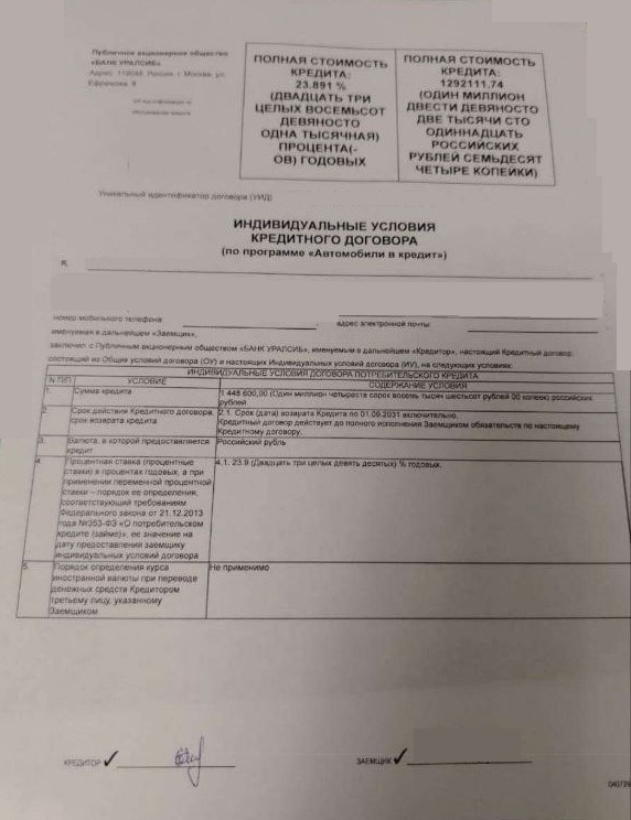 Кредитный договор в ПАО "Банк УРАЛСИБ"
