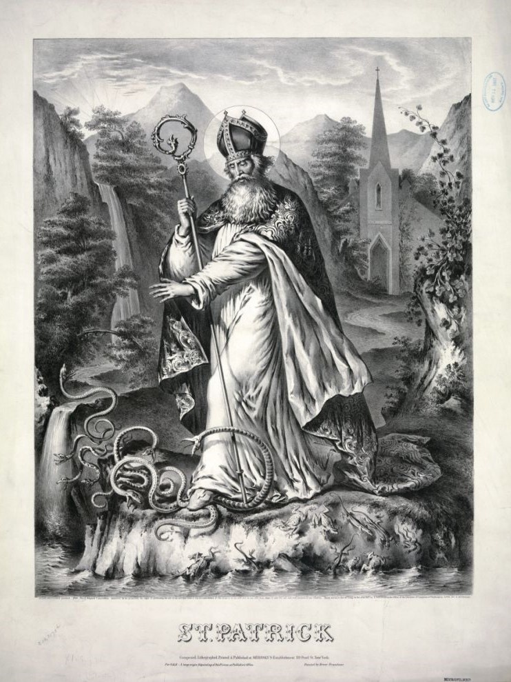  Святой Патрик, изгоняющий змей». Популярная ирландская литография XIX века.
