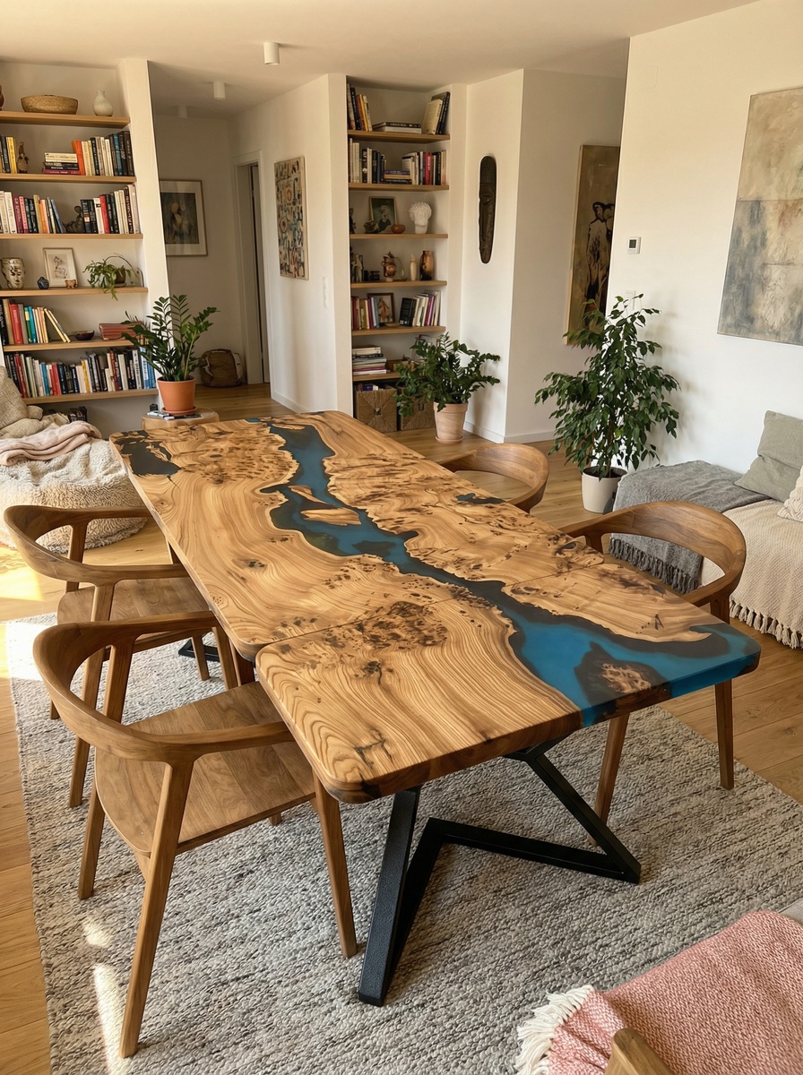 Большой стол река из капового карагача с расширительной приставкой