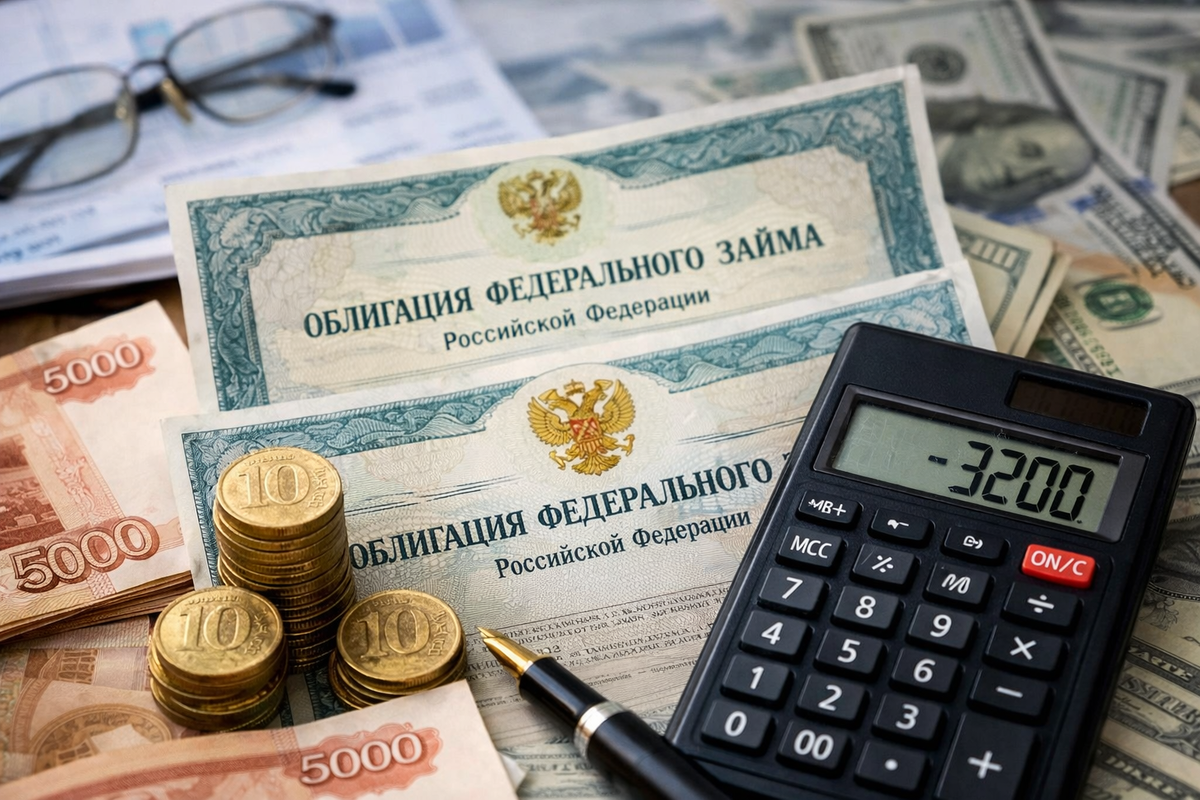 Облигации федерального займа, калькулятор с минусом 3200, монеты и рублёвые купюры на столе

