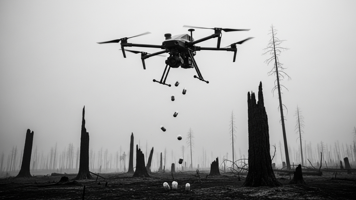 Мощный дрон зависает над выжженным лесом, в нижней части кадра видны следы пожара — обугленные стволы и голая земля. Аппарат в процессе сброса биокапсул: несколько тёмных точек уже отделились и летят вниз.