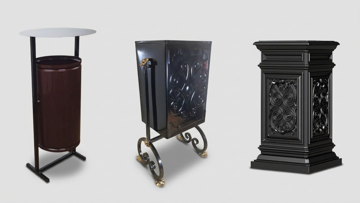 На фото представлены варианты стальной, кованой и чугунной урн