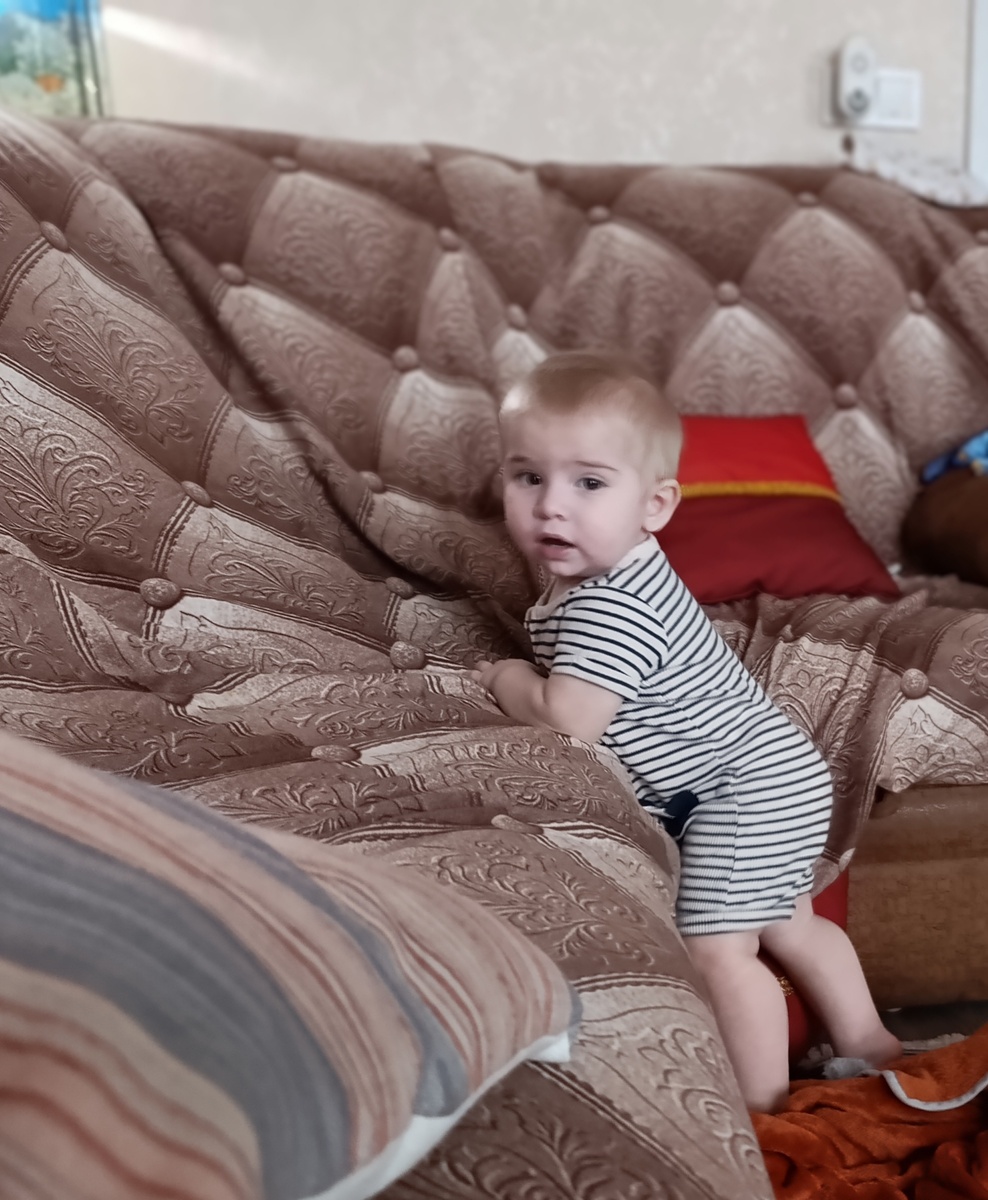 Роман, пытается залезть на диван, но мама там всё заложила, потому что, у мамы глаз на попе нету, и при любом отвернулась, ребёнок, уже там, где ему хочется 🙈