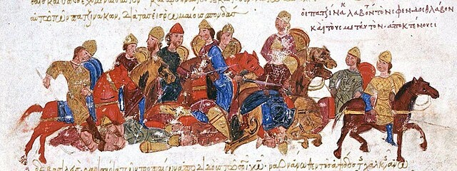 Печенеги истребляют войско Святослава I. Текст из Хроники Иоанна Скилица : «…Когда Святослав возвращался домой, проходя через землю пацинаков, он попал в засаду, уже приготовленную для его захвата. Он и все сопровождавшее его войско были полностью уничтожены, так разгневаны были на него пацинаки за заключение договора с римлянами…». Фото является общественным достоянием.