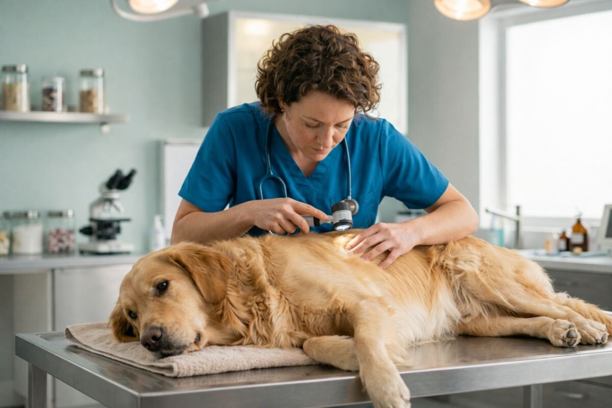 Ветеринар осматривает собаку 