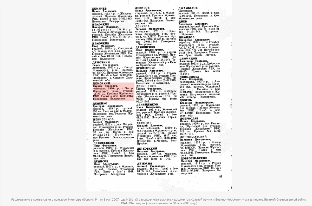До сих пор Степан Иванович Дёмочкин числится погибшим во время Великой Отечественной войны 13 августа 1943 года в бою в Белоруссии. Фото: сайт "Память народа".