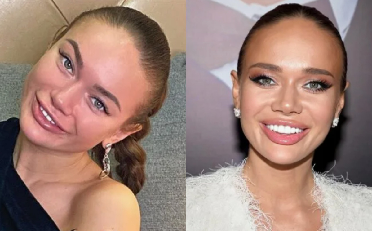 на фото Яна Кошкина с макияжем и без 