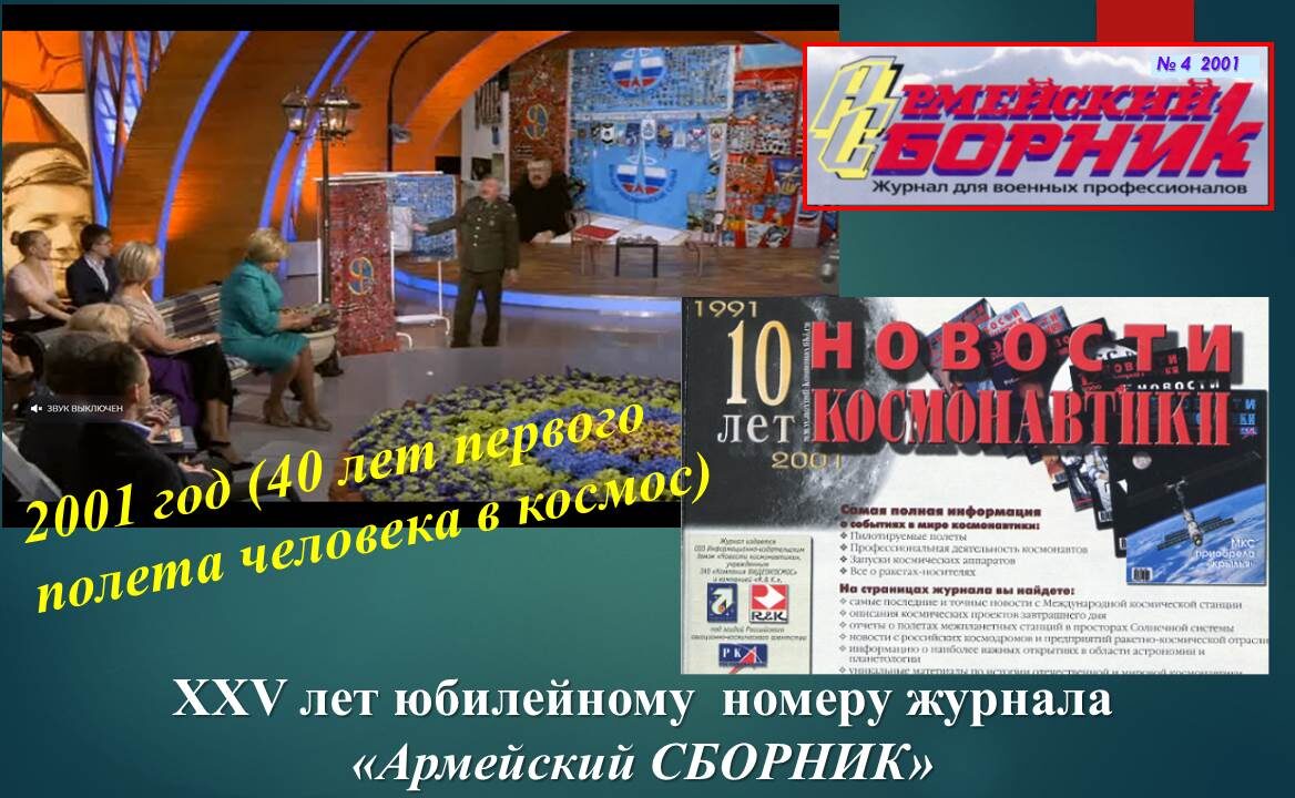 2001 год (40 лет первого полета человека в космос). Юбилейный выпуск журнала "Армейский сборник" № 4  в 2001 году.
