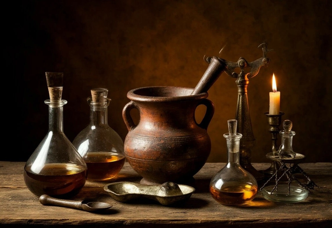 «Инструментарий искателей»
Предметы алхимика: перегонный куб, весы, колбы. Не просто инструменты, а проводники в мир трансмутации — превращения вещества и сознания.