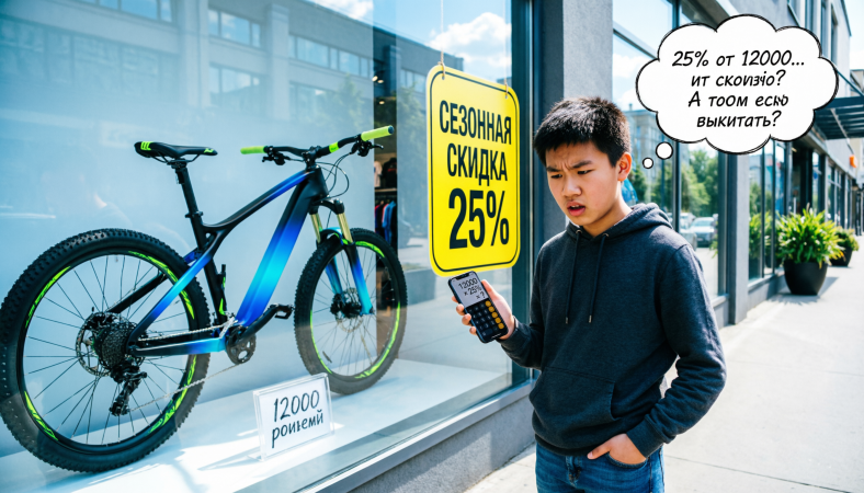 Велосипед стоит 12 000 рублей. На него дают скидку 25%. Сколько рублей составит скидка? Сколько придётся заплатить? Вроде бы два простых вопроса, но именно здесь спотыкаются девятиклассники.