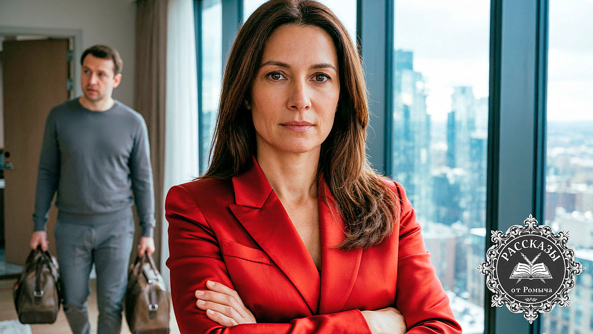 Женщина, карие глаза, темно-русые волосы, одета в роскошный ярко-красный блейзер. Она стоит у окна современной квартиры, уверенно сложив руки на груди, на ее лице читается спокойствие и достоинство. В глубине комнаты, в мягком расфокусе, виден мужчина в тускло-серой одежде, который уходит к выходу с дорожными сумками в руках, его фигура выражает растерянность.