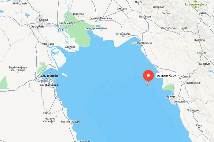 Остров Харк является важной составляющей нефтяной промышленности Ирана. Фото © Яндекс Карты