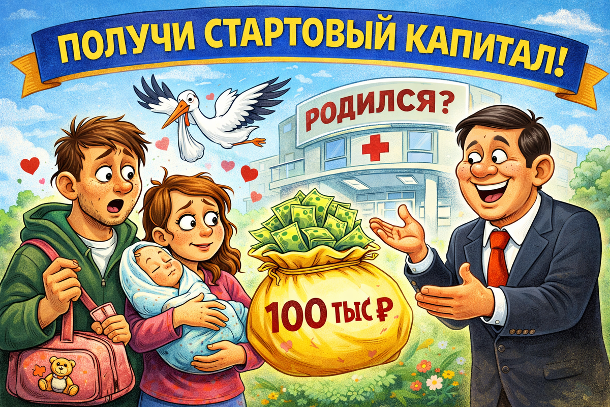 Стартовый капитал 100 000 рублей по факту рождения ребенка.
