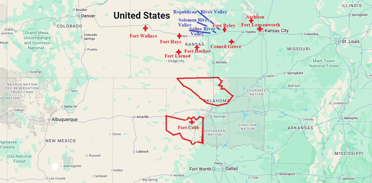 Карта с привязкой упоминаемых в тексте мест к ранее уже упоминавшимся                                                     (Borrowed from here: https://www.google.com/maps/@39.3715356,-96.9535437,9.92z?hl=en&entry=ttu&g_ep=EgoyMDI2MDMxNS4wIKXMDSoASAFQAw%3D%3D ; thanks, Google!))