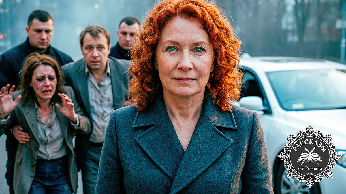 Женщина с рыжими волосами и холодными зелеными глазами, одета в строгое темно-серое пальто, стоит неподвижно. На заднем фоне двое мужчин в штатском выводят из белой иномарки растерянного мужчину в мятом пиджаке и женщину в истерике. Фокус на лице главной героини, выражающем ледяное спокойствие и торжество.