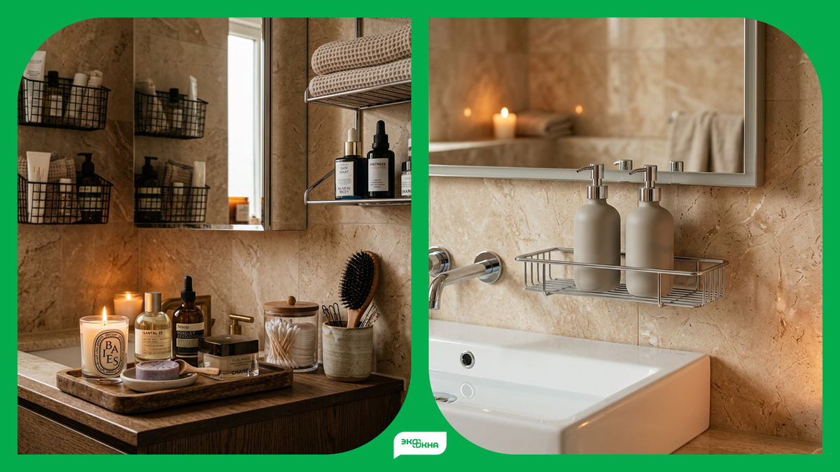 Полка в обычной ванной и в ванной в стиле бережливого шика
