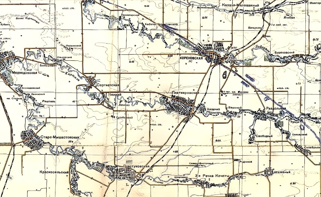 Фрагмент топографической карты РККА 1942 года. На стыке Кореновского, Тимашевского и и Динского районов. Источник: ЦАМО РФ