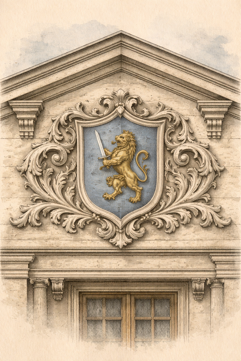 Герб как символ власти и достоинства. В Европе такие щиты украшали дворцы, городские ворота и резиденции знатных родов.