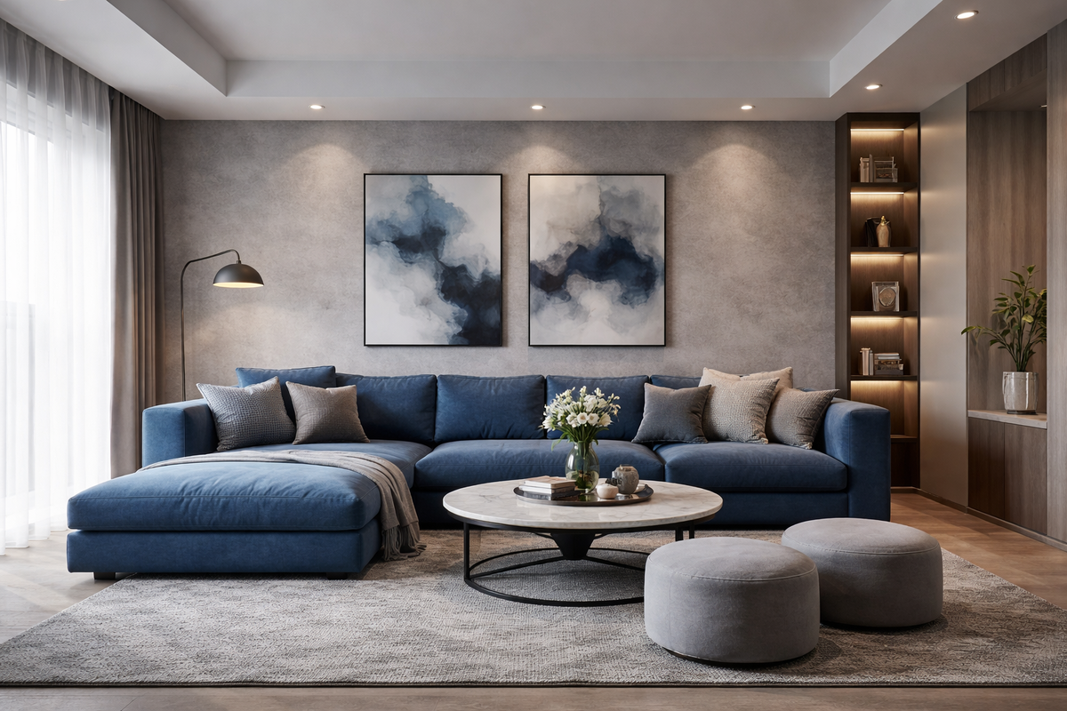 гостиная в серых тонах с синим диваном и мягким освещением