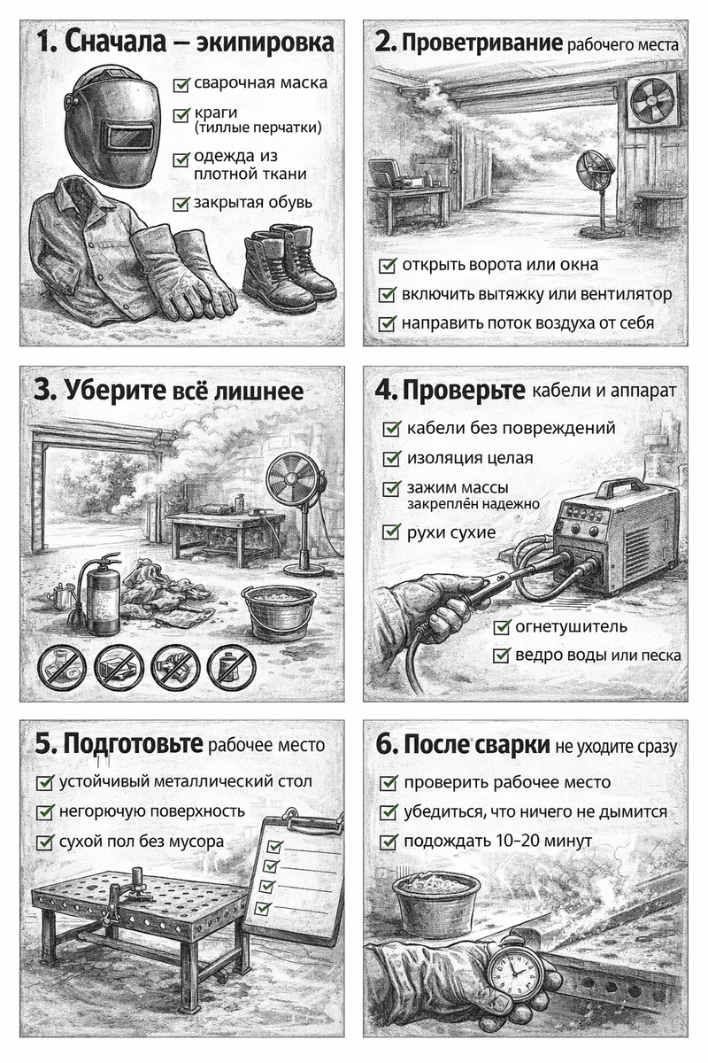Чек-лист безопасности для начинающего сварщика: что нужно проверить перед включением сварочного аппарата.