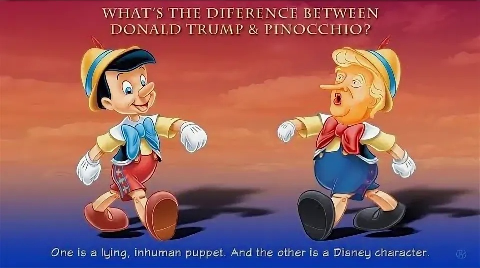 Фото: Подпись на картинке гласит: "В чём отличие между Донольдом Трампом и Пиноккио? Один - лживая, человекоподобная кукла, а другого выдумал Дисней".Фото: dzen.ruavatars.mds.yandex.net