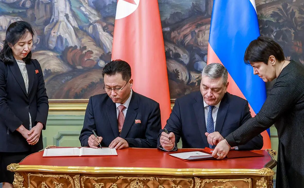    Источник: Церемония обмена грамотами о ратификации договора о партнерстве между Россией и КНДР в Москве, 2024 год Фото: пресс-служба МИД России / ТАСС. rbc.ru Иван Акимов