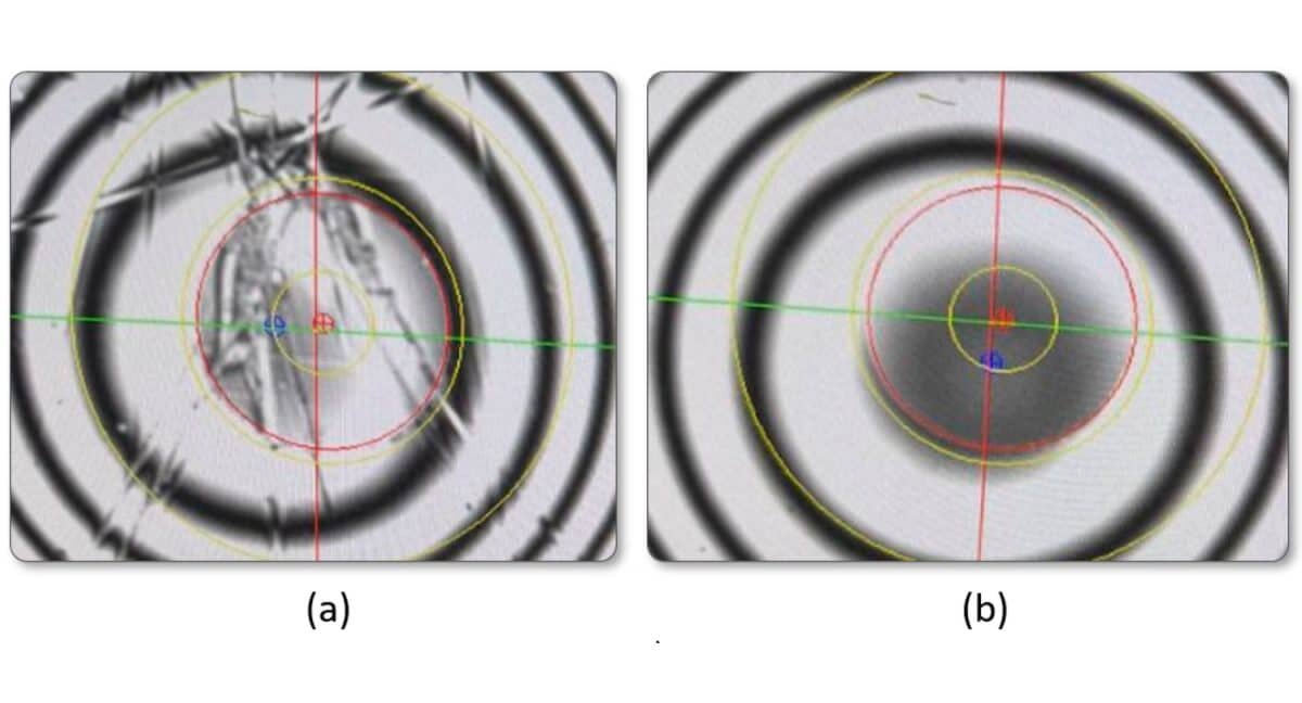    Карта полос на поверхности торца волокна ( а ) до и ( б ) после надлежащей полировки / © Applied System Innovation