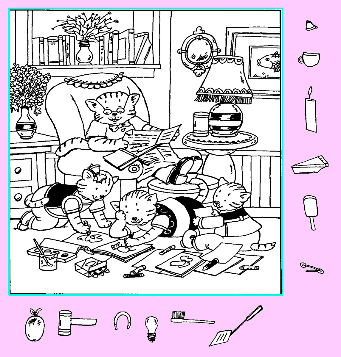 Тест на внимательность: найди свечу, яблоко, колокольчик и другие предметы на картинке. Картинка подготовлена автором