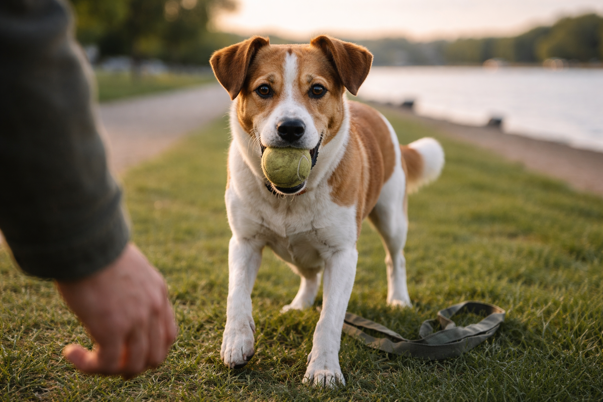 Мяч уже рядом, но пес будто оставляет за собой последний ход