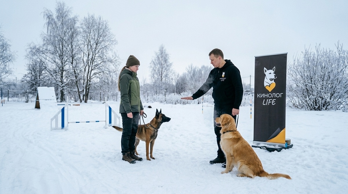 собака идёт рядом с хозяином на поводке