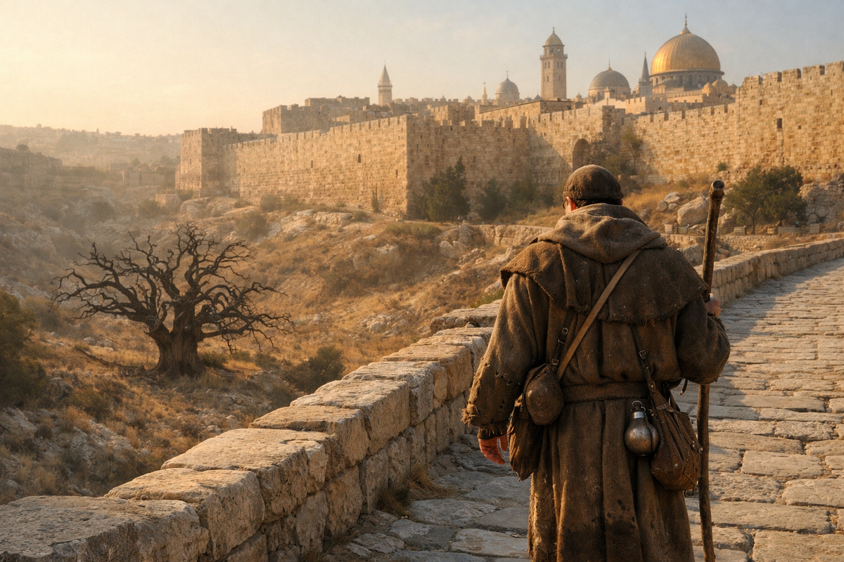 Раннесредневековый христианский паломник идет по каменному мосту у древнего Иерусалима. Внизу долина, на западной стороне видна большая смоковница, одинокая и мрачная. Каменные стены города, южное солнце, пыльный воздух, ощущение древнего предания.