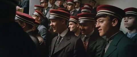 Кадр из фильма: молодые солдаты Пауль Боймер и его друзья слушают патриотическую речь в классе. Этот образ символизирует начало их пути, основанного на идеалистических представлениях о войне, которые вскоре столкнутся с суровой реальностью.