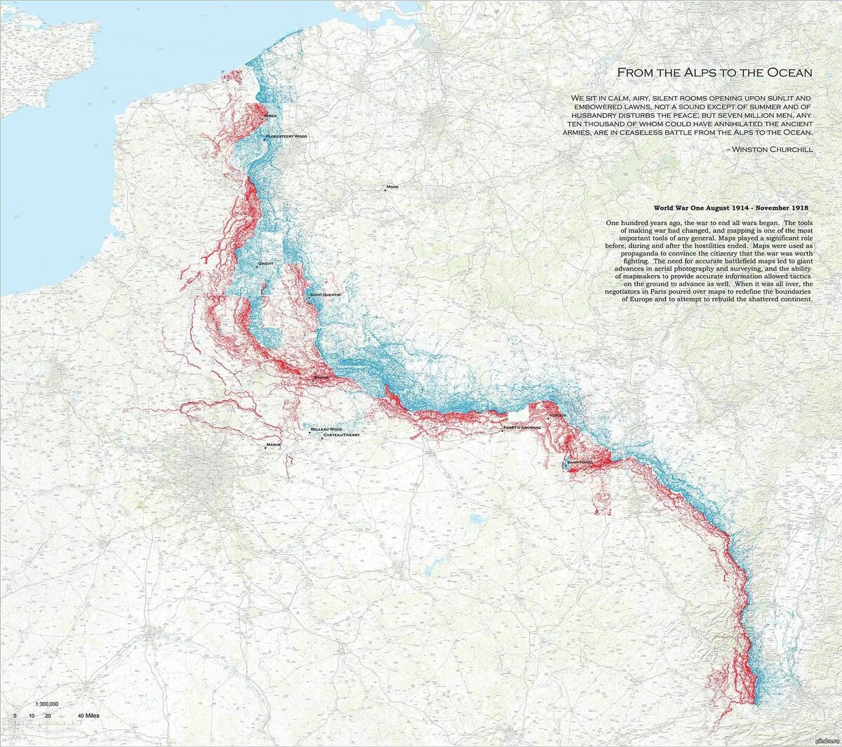 Карта-схема Западного фронта 1914-1918 годов с линией окопов. Карта наглядно демонстрирует статичность и протяжённость фронта, который стал ареной позиционной войны.