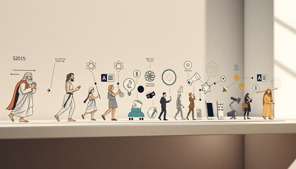    Иллюстрация, представляющая путь науки от античности до цифровой революции.