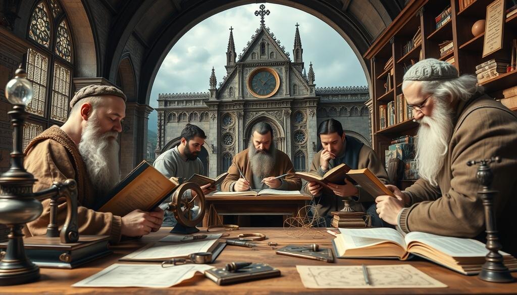    Сцена средневековья с учеными, изучающими древние тексты и математические инструменты.