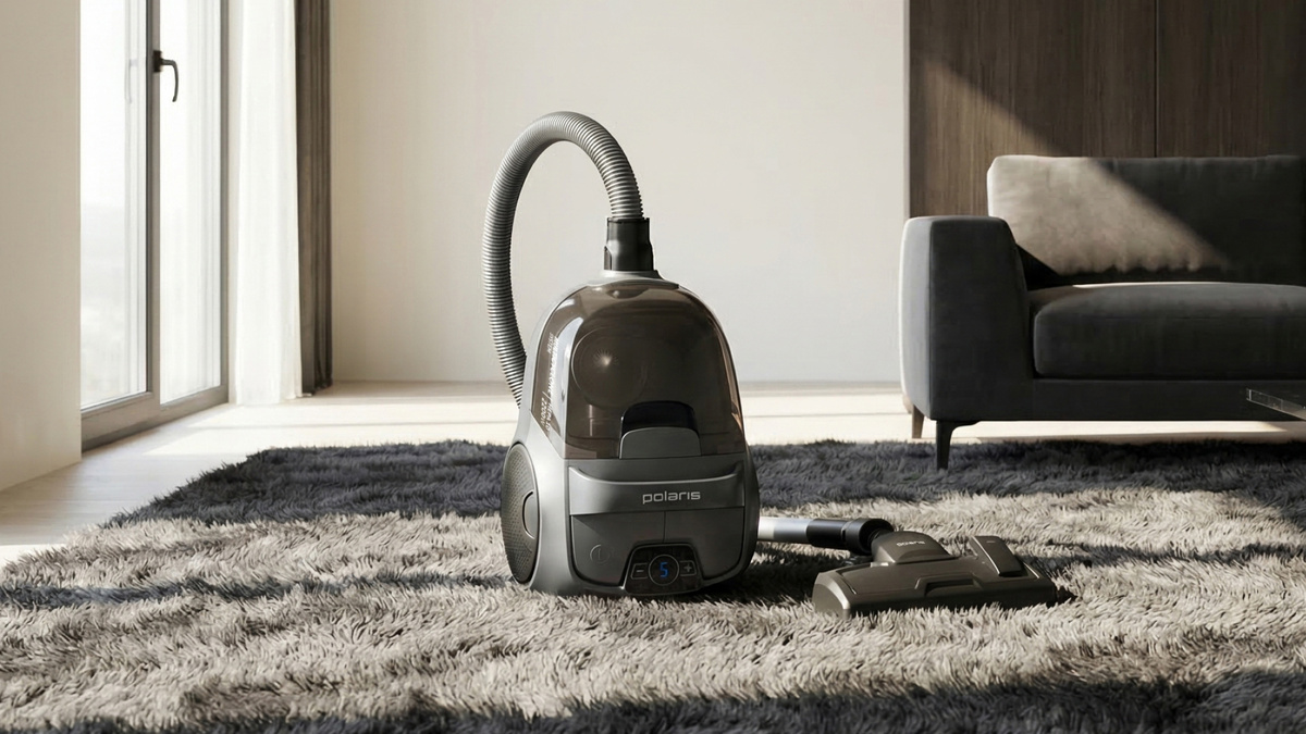 Пылесос циклонного типа Polaris PVC 2103 с мощностью мотора 2200 Вт и мощностью всасывания 650 аВт.