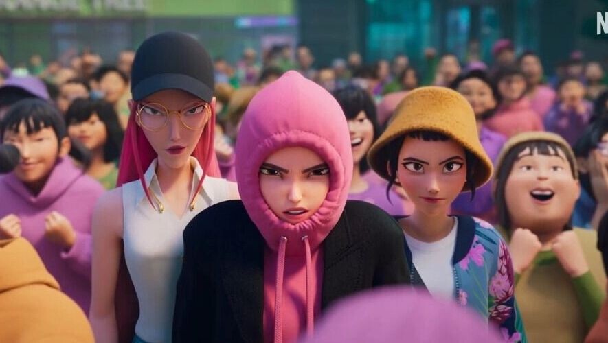    Главные героини — не только певицы, но и охотницы на демонов   Режиссеры: Мэгги Кан и Крис Аппельханс, сценарий: Даня Хименес, Ханна Макмечан, Мэгги Кан, Крис Аппельханс, композитор: Марсело Зарвос, художники: Минцзюэ Хелен, Чэнь Дэйв Блайк / Кадр из мультфильма «Кей-поп-охотницы на демонов»