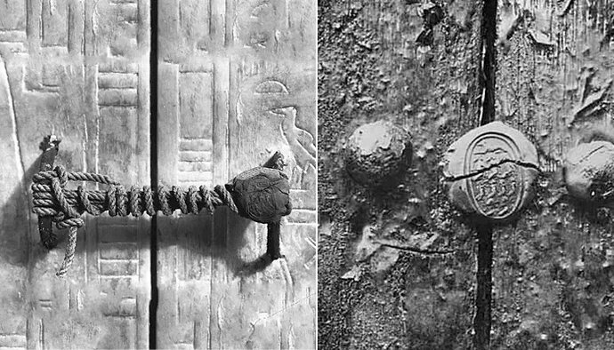 На снимке изображена нетронутая печать на двери гробницы, которая не была нарушена более 3000 лет.