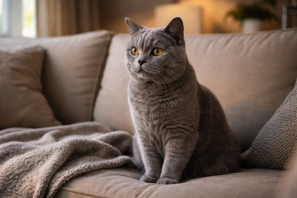 Шотландский прямоухий не шумит о чувствах, а спокойно держится рядом с человеком