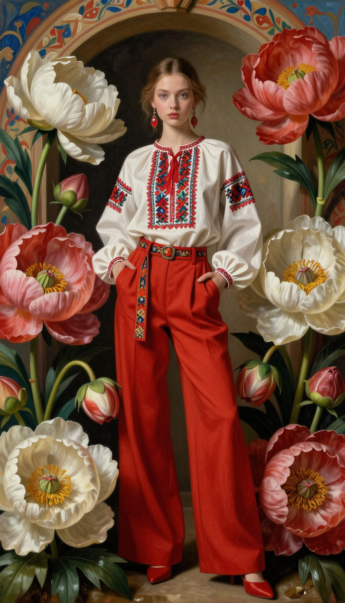 Портрет на фоне пионов — размышление о красоте и вечности русской традиции