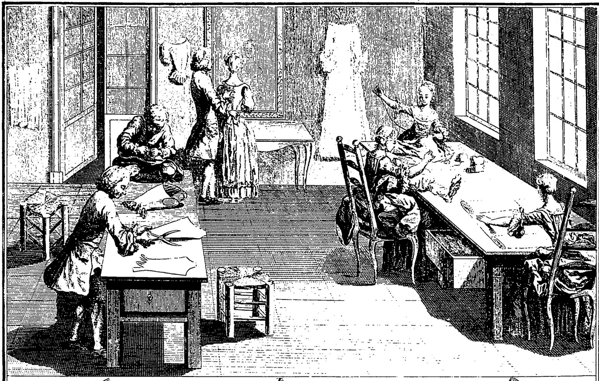 Мастерская по пошиву корсетов, иллюстрация из книги «Искусство шитья» Франсуа де Гарсо, 1769