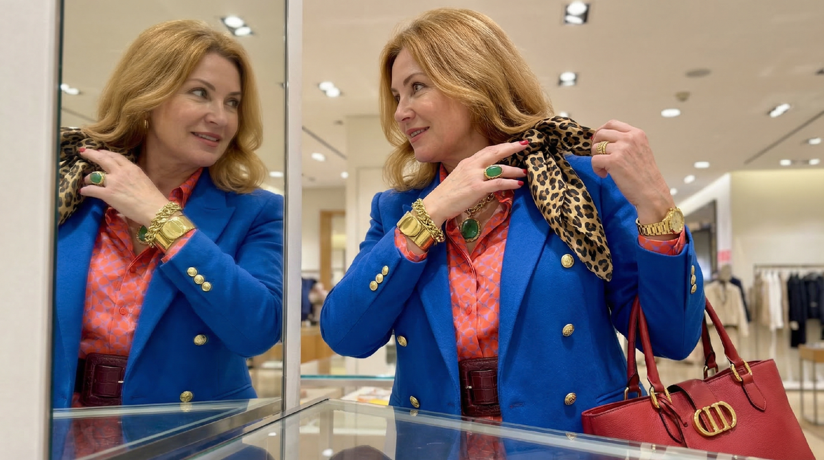 Пример перегруженного образа: пять конкурирующих цветов, три разных принта, золотая фурнитура на каждой вещи. Много деталей - ни одного акцента.